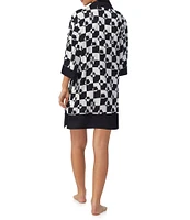 DKNY by Donna Karan Woven Check Print Notch Collar 3/4 Sleeve Side Pocket Button Front Sleep Shirt