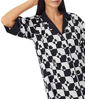 DKNY by Donna Karan Woven Check Print Notch Collar 3/4 Sleeve Side Pocket Button Front Sleep Shirt