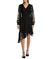 DKNY by Donna Karan Woven Crossover Surplice Neck Balloon Long Sleeve Asymmetrical Ruffle Hemline Burnout Print Dress