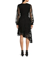 DKNY by Donna Karan Woven Crossover Surplice Neck Balloon Long Sleeve Asymmetrical Ruffle Hemline Burnout Print Dress