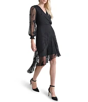 DKNY by Donna Karan Woven Crossover Surplice Neck Balloon Long Sleeve Asymmetrical Ruffle Hemline Burnout Print Dress