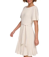 DKNY by Donna Karan Woven Fit And Flare Boat Neck Short Sleeve Tie Belt Pleated Knee Length Mini Dress