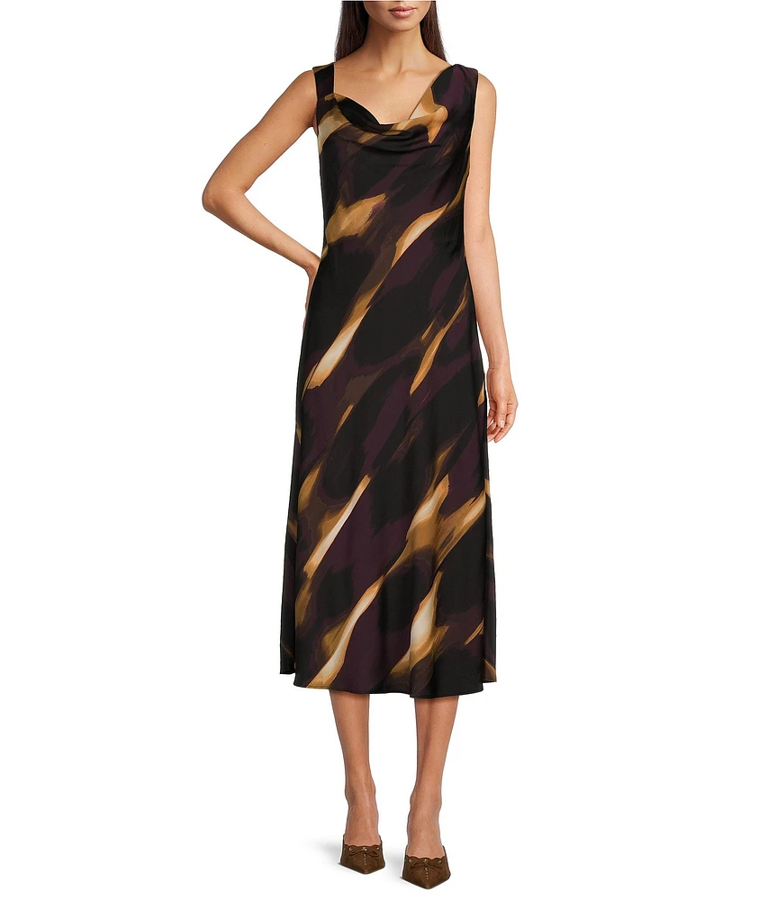 DKNY by Donna Karan Woven Printed Sheath Silhouette Drape Neckline Sleeveless Bow Detail Midi Dress