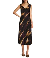 DKNY by Donna Karan Woven Printed Sheath Silhouette Drape Neckline Sleeveless Bow Detail Midi Dress