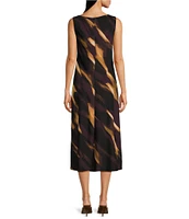 DKNY by Donna Karan Woven Printed Sheath Silhouette Drape Neckline Sleeveless Bow Detail Midi Dress