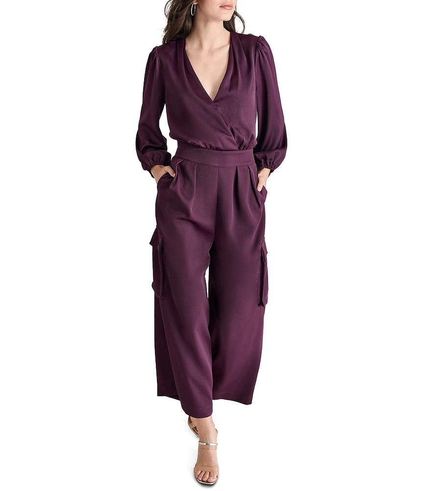 DKNY by Donna Karan Woven Satin Surplice V-Neck Long Sleeve Side Pocket Crop Utility Jumpsuit