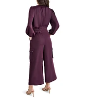 DKNY by Donna Karan Woven Satin Surplice V-Neck Long Sleeve Side Pocket Crop Utility Jumpsuit