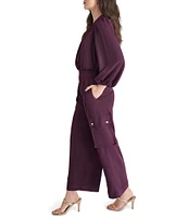 DKNY by Donna Karan Woven Satin Surplice V-Neck Long Sleeve Side Pocket Crop Utility Jumpsuit