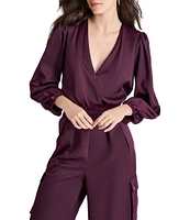 DKNY by Donna Karan Woven Satin Surplice V-Neck Long Sleeve Side Pocket Crop Utility Jumpsuit