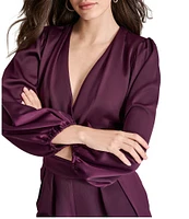 DKNY by Donna Karan Woven Satin Surplice V-Neck Long Sleeve Side Pocket Crop Utility Jumpsuit