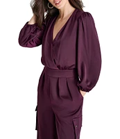 DKNY by Donna Karan Woven Satin Surplice V-Neck Long Sleeve Side Pocket Crop Utility Jumpsuit