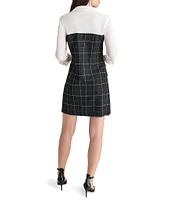 DKNY by Donna Karan Woven Sheath Collar Neck Long Sleeve Button Down Front And Cuffs Windowpane White Shirt Combo Dress