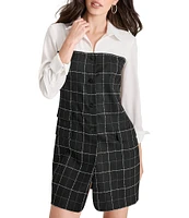 DKNY by Donna Karan Woven Sheath Collar Neck Long Sleeve Button Down Front And Cuffs Windowpane White Shirt Combo Dress