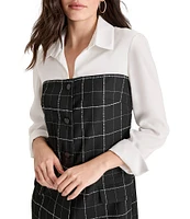 DKNY by Donna Karan Woven Sheath Collar Neck Long Sleeve Button Down Front And Cuffs Windowpane White Shirt Combo Dress