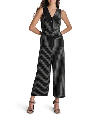 DKNY by Donna Karan Woven Two Piece Mock Vest V Neck Sleeveless Vertical Stripe Button Front Jumpsuit