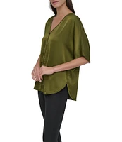 DKNY by Donna Karan Woven V-Neck Short Sleeve Blouse