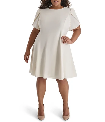 DKNY by Donna Karan Plus Size Crew Neck Short Tulip Sleeve Fit and Flare Dress