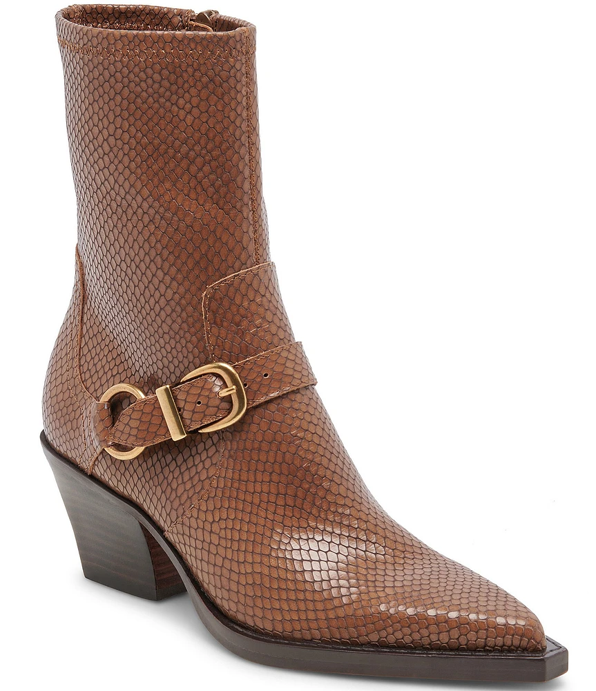 Dolce Vita Rave Snake Embossed Leather Buckled Strap Detail Pointed Toe Booties