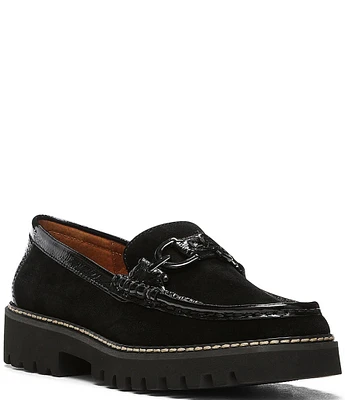 Donald Pliner Helio Suede Hardware Patent Detail Lug Sole Platform Loafers