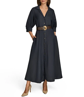 Donna Karan 3/4 Sleeve Collared Neck Belted Linen Blend Midi Shirt Dress