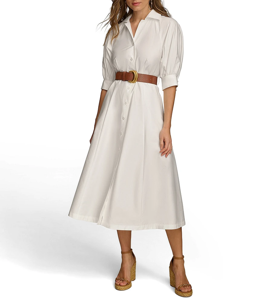 Donna Karan 3/4 Sleeve Collared Neck Belted Pocketed Sateen Midi Dress