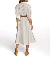 Donna Karan 3/4 Sleeve Collared Neck Belted Pocketed Sateen Midi Dress