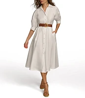 Donna Karan 3/4 Sleeve Collared Neck Belted Pocketed Sateen Midi Dress