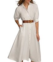 Donna Karan 3/4 Sleeve Collared Neck Belted Pocketed Sateen Midi Dress