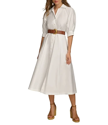 Donna Karan 3/4 Sleeve Collared Neck Belted Pocketed Sateen Midi Dress