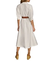 Donna Karan 3/4 Sleeve Collared Neck Belted Pocketed Sateen Midi Dress