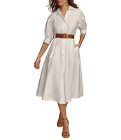 Donna Karan 3/4 Sleeve Collared Neck Belted Pocketed Sateen Midi Dress