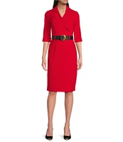 Donna Karan 3/4 Sleeve V-Neck Belted Crepe Faux Wrap Dress