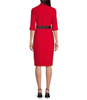 Donna Karan 3/4 Sleeve V-Neck Belted Crepe Faux Wrap Dress