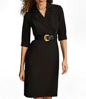 Donna Karan 3/4 Sleeve V-Neck Belted Crepe Faux Wrap Dress