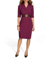 Donna Karan 3/4 Sleeve V-Neck Belted Crepe Faux Wrap Dress