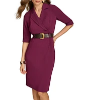 Donna Karan 3/4 Sleeve V-Neck Belted Crepe Faux Wrap Dress