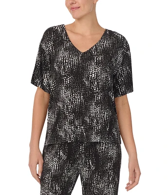 Donna Karan Abstract Print Short Sleeve V-Neck Lounge Top