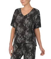 Donna Karan Abstract Print Short Sleeve V-Neck Lounge Top