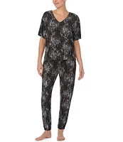 Donna Karan Abstract Print Short Sleeve V-Neck Lounge Top