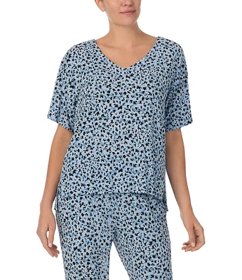 Donna Karan Abstract Spot Print Short Sleeve V-Neck Lounge Top