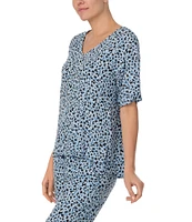 Donna Karan Abstract Spot Print Short Sleeve V-Neck Lounge Top