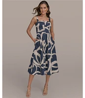 Donna Karan Abstract Print Sweetheart Neck Midi Dress