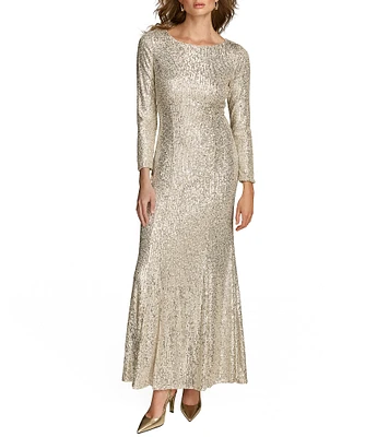 Donna Karan All Over Sequin Round Neck Long Sleeve Sheath Gown