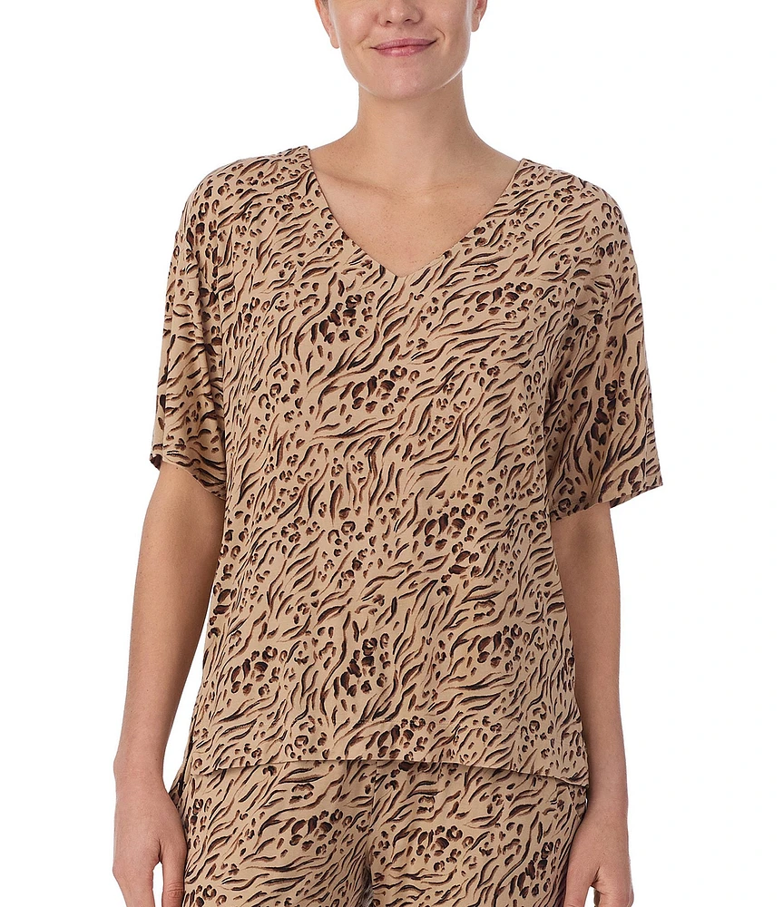 Donna Karan Animal Print Short Sleeve V Neck Jersey Knit Sleep Top