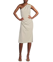 Donna Karan Asymmetrical Neck One Shoulder Gold Broach Midi Sheath Dress