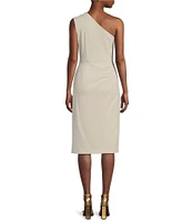 Donna Karan Asymmetrical Neck One Shoulder Gold Broach Midi Sheath Dress