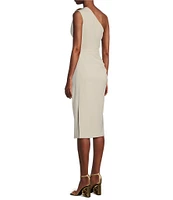 Donna Karan Asymmetrical Neck One Shoulder Gold Broach Midi Sheath Dress