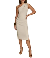 Donna Karan Asymmetrical Neck One Shoulder Gold Broach Midi Sheath Dress