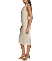 Donna Karan Asymmetrical Neck One Shoulder Gold Broach Midi Sheath Dress