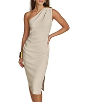 Donna Karan Asymmetrical Neck One Shoulder Gold Broach Midi Sheath Dress